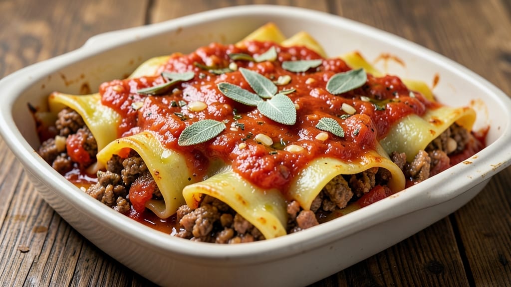 Authentic Italian Cannelloni Recipe With Meat and Tomato Sauce: Baked Pasta Layers of Rich Ragù and Melty Cheese