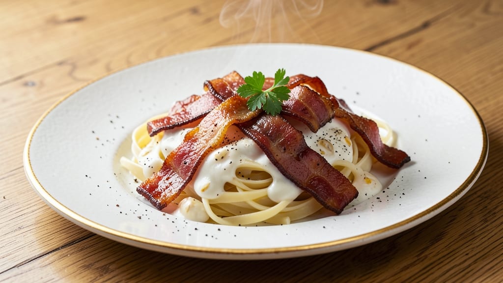 Bacon White Sauce Pasta Recipe: Rich Creamy Pasta With Crispy Bacon Bits